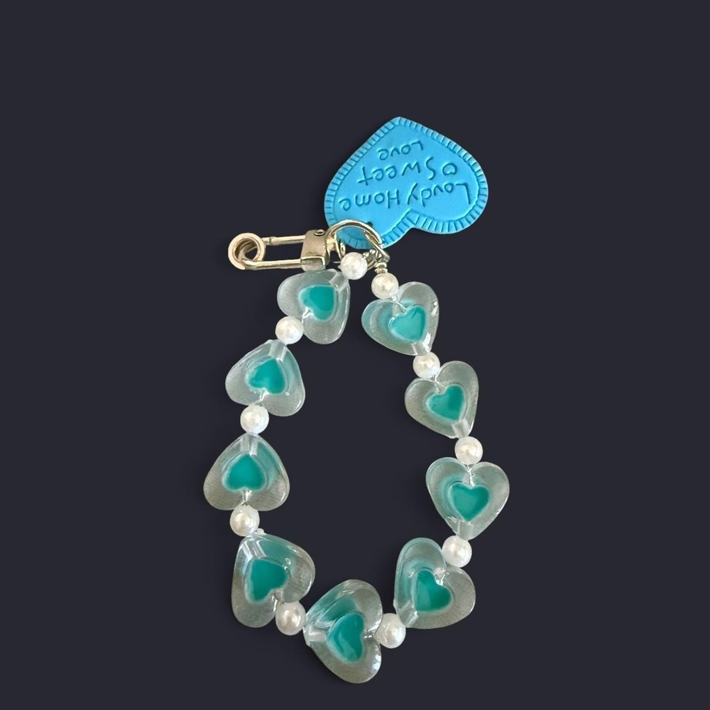 Blue & white heart beaded bracelet with lobster clasp phone lanyard